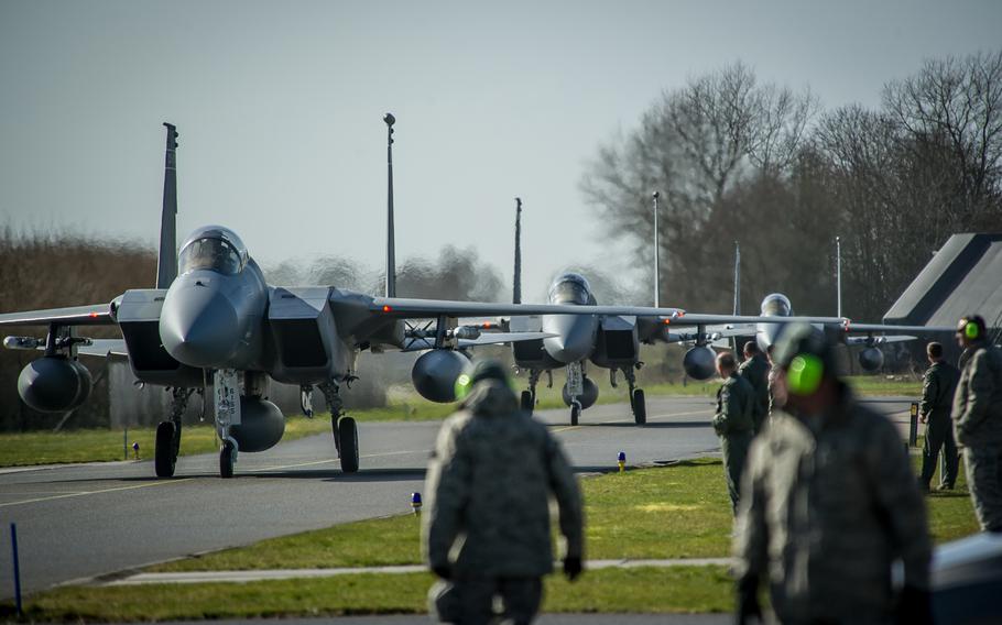 F-15C Eagles taxi into position at Leeuwarden Air Base, Netherlands, on March 31, 2015. F-15C Eagles from the Florida Air National Guard's 159th Expeditionary Fighter Squadron are deployed to Europe as the first ever National Guard theater security package here.
Ryan Crane/U.S. Air Force