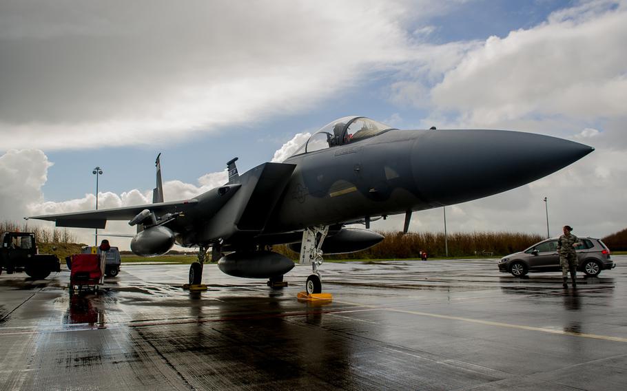 An F-15C Eagle assigned to the 159th Expeditionary Fighter Squadron is parked on the flightline at Leeuwarden Air Base, Netherlands, April 1, 2015. The F-15s from the Florida and Oregon Air National Guard are deployed to Europe as the first ever ANG theater security package in Europe.

Ryan Crane/U.S. Air Force