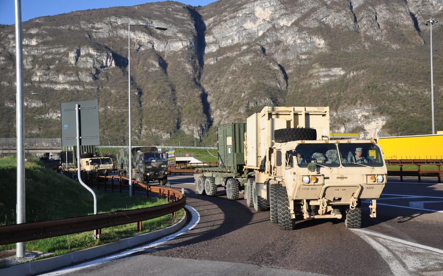 Paratroops from the 173rd Airborne Brigade Support Battalion pull over at a highway rest stop April 7, 2015, near Trento, Italy.