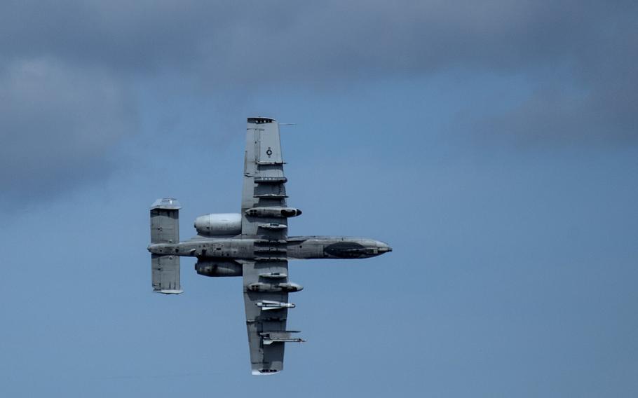 An A-10 Thunderbolt II attack aircraft flies over the airfield during the Hedgehog exercise, May 7, 2015, at Ämari Air Base, Estonia.