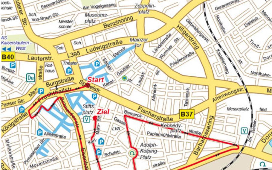 Route of the annual five-kilometer (about three-mile) Firmenlauf, or Company Run, to be held in Kaiserslautern on Thursday, May 21, 2015. Streets in town will be closed starting at 4 p.m., and drivers can expect delays and traffic congestion until about 8 p.m.