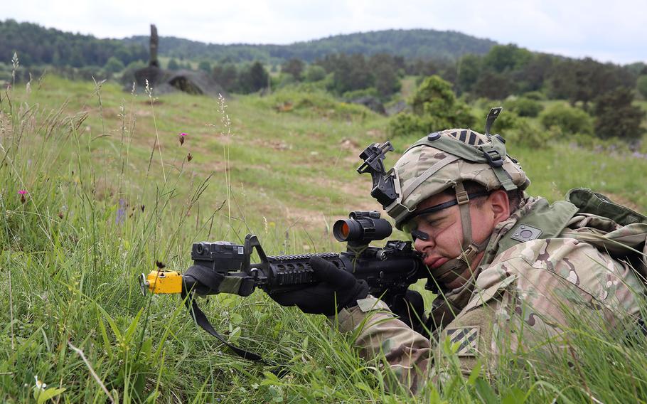 A U.S. soldier assigned to the 1st Armored Brigade Combat Team, 3rd Infantry Division, provides security while conducting radar operations during exercise Combined Resolve IV at the U.S. Army?s Joint Multinational Readiness Center in Hohenfels, Germany, May 27, 2015.