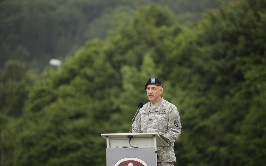 Col. James A. Laterza speaks after taking command of Landstuhl Regional Medical Center on Friday, May 29, 2015.