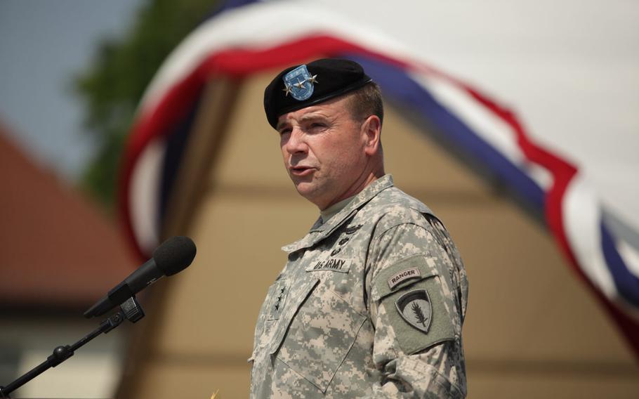 U.S. Army Europe commander Lt. Gen. Ben Hodges speaks during a change of command ceremony for the 10th Army Air and Missile Defense Command Friday, June 12, 2015, at Daenner Kaserne in Kaiserslautern, Germany.
