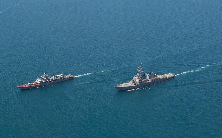 USS Ross, right, transits the Black Sea with the Ukranian navy frigate Hetman Sahaydachniy during an exercise June 2, 2015. The Ross, an Arleigh Burke-class guided-missile destroyer, forward-deployed to Rota, Spain, is conducting naval operations in the U.S. 6th Fleet area of operations in support of U.S. national security interests in Europe.