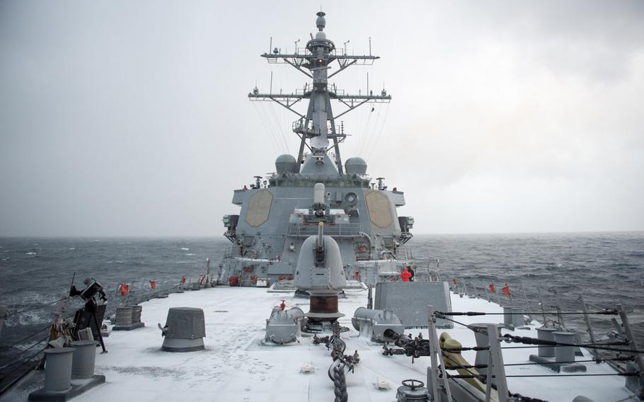 The USS Donald Cook transits the Black Sea, Jan. 7, 2015. The Donald Cook, an Arleigh Burke-class guided-missile destroyer, forward-deployed to Rota, Spain, is conducting naval operations in the U.S. 6th Fleet area of operations in support of U.S. national security interests in Europe.