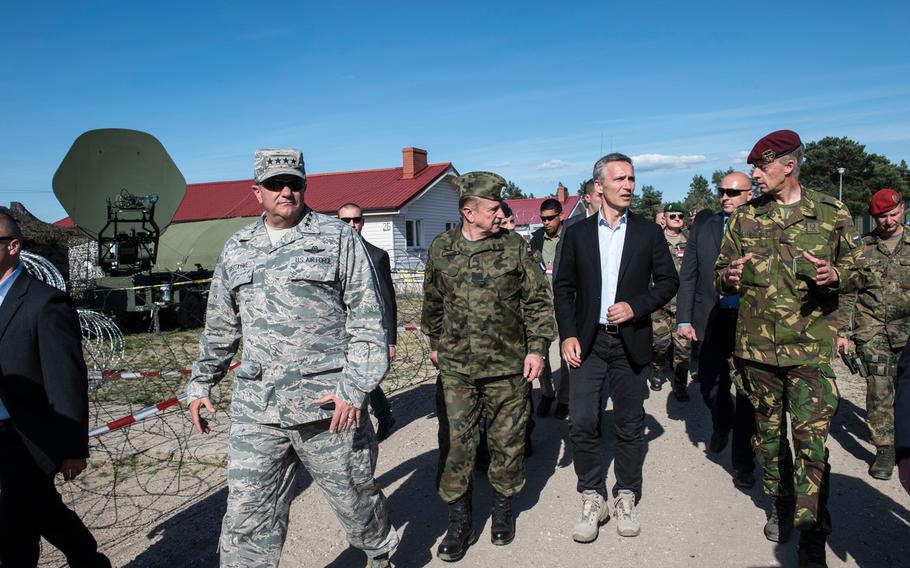 NATO's supreme allied commander, Gen. Philip Breedlove, left, and NATO Secretary-General Jens Stoltenberg, center, with soldiers at Exercise Noble Jump 2015 on Wednesday, June 17, 2015, in Poland.

Courtesy of NATO