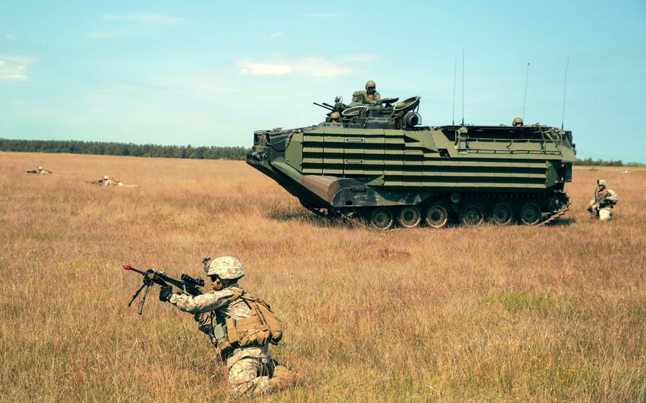 A Marine with Charlie Company, 1st Battalion, 6th Marine Regiment, advances during an amphibious assault rehearsal in Sweden in preparation for BALTOPS 2015, June 13, 2015. NATO defense ministers meet in Brussels on Wednesday to discuss challenges facing the alliance, including how to shore up commitments to exercises aimed at deterring Russian aggression. 

U.S. Marine Corps