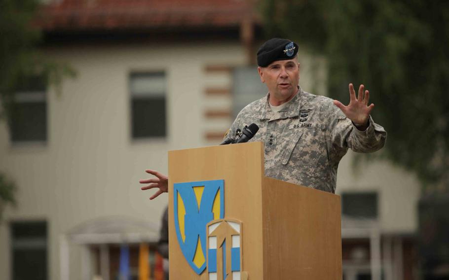 Lt. Gen. Ben Hodges, commander of U.S. Army Europe, speaks at the 21st Theater Sustainment Command's change of command ceremony Wednesday, June 24, 2015, in Kaiserslautern, Germany.