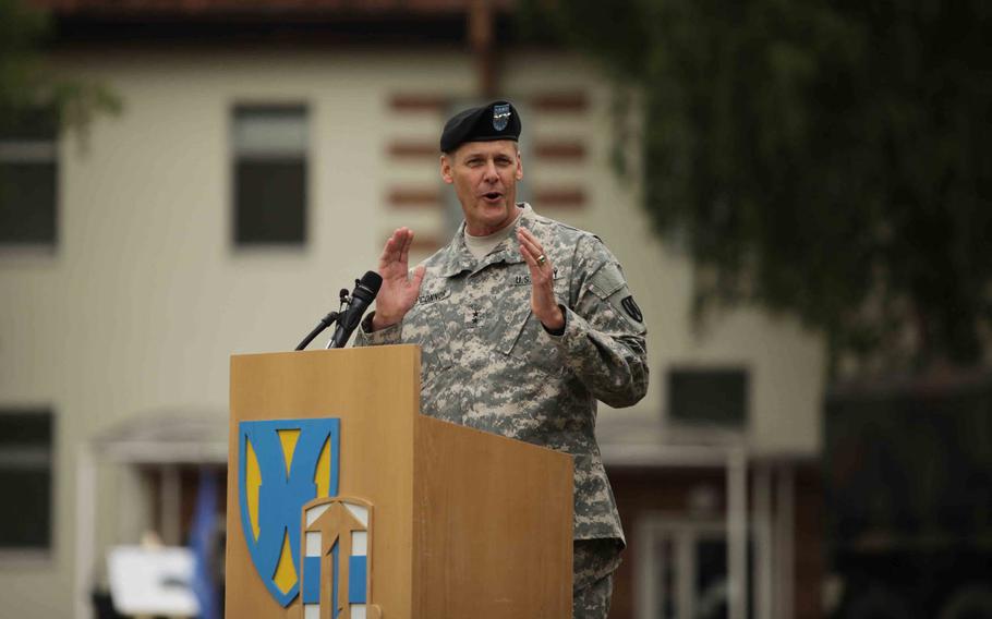 Maj. Gen. John R. O'Connor, outgoing commander of the 21st Theater Sustainment Command, speaks at the unit's change of command ceremony Wednesday, June 24, 2015, in Kaiserslautern, Germany. O'Connor is retiring from the Army after 30 years in uniform and two years as commander of the 21st.