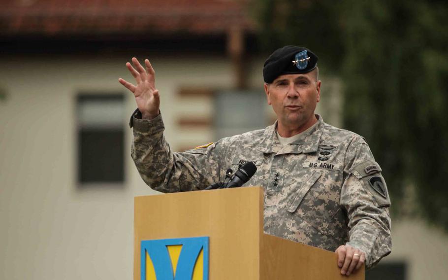 Lt. Gen. Ben Hodges, commander of U.S. Army Europe, speaks at a change of command ceremony for a logistics unit Wednesday, June 24, 2015, in Kaiserslautern, Germany.