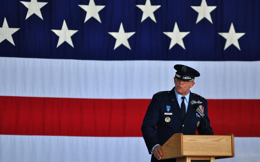 Gen. Frank Gorenc, commander of U.S. Air Forces in Europe and Africa, speaks Thursday, July 2, 2015, at the change of command ceremony for 3rd Air Force, headquartered at Ramstein Air Base in Germany.