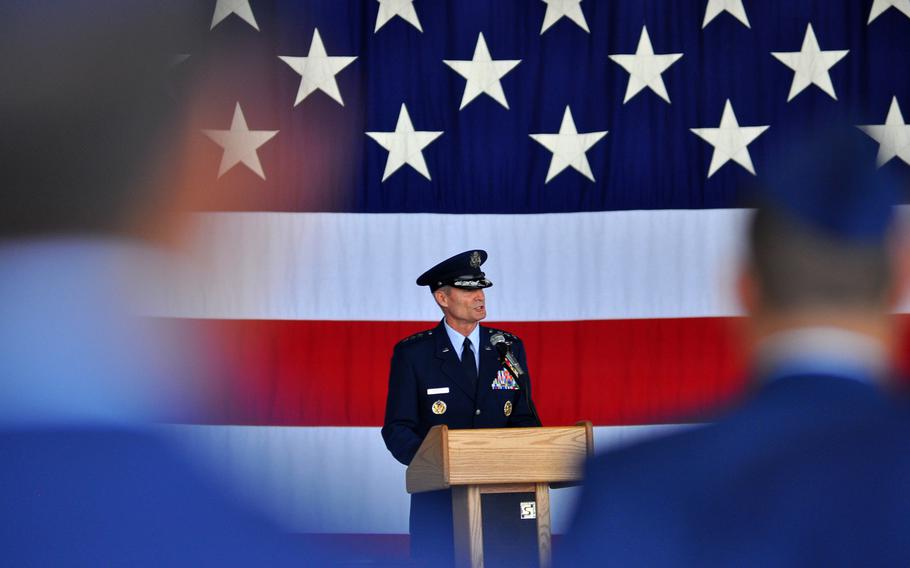 Lt. Gen. Darryl L. Roberson delivers remarks prior to officially handing over command of 3rd Air Force to his successor, Lt. Gen. Timothy M. Ray, during a change of command ceremony Thursday, July 2, 2015, at Ramstein Air Base in Germany.