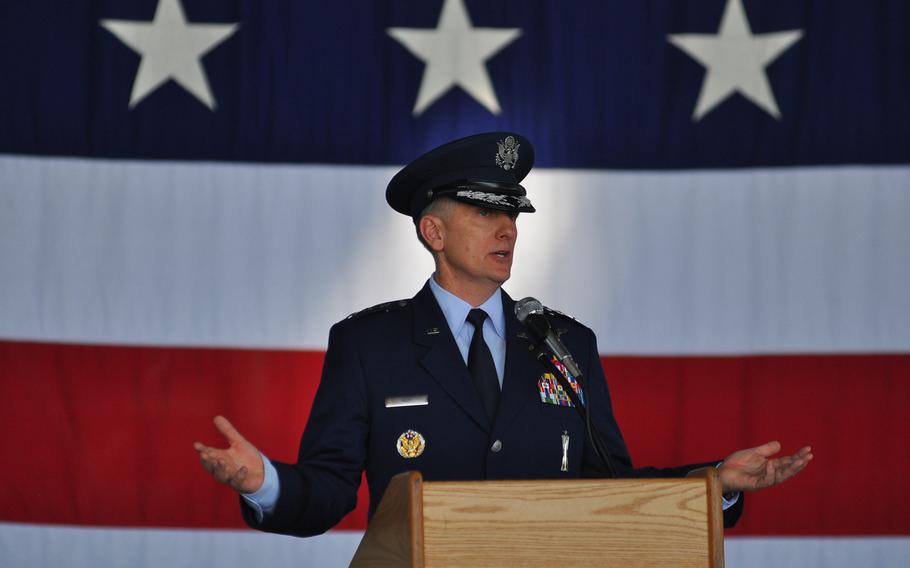 Lt. Gen. Timothy M. Ray delivers his first remarks as commander of 3rd Air Force and 17th Expeditionary Air Force during a change of command ceremony Thursday, July 2, 2015, at Ramstein Air Base in Germany.