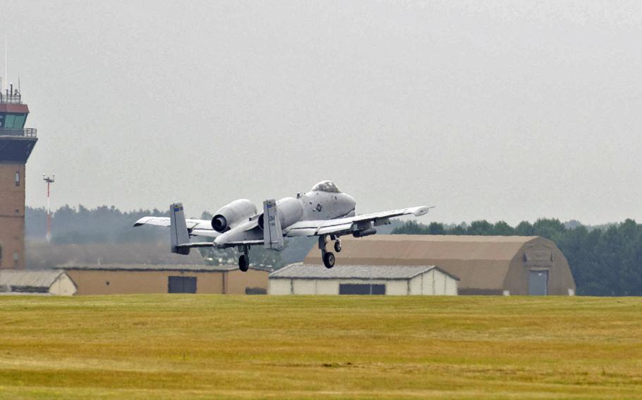 An A-10 Thunderbolt II takes off from RAF Lakenheath, England, on July 15, 2015. Two A-10s came to England to train and participate in air shows.