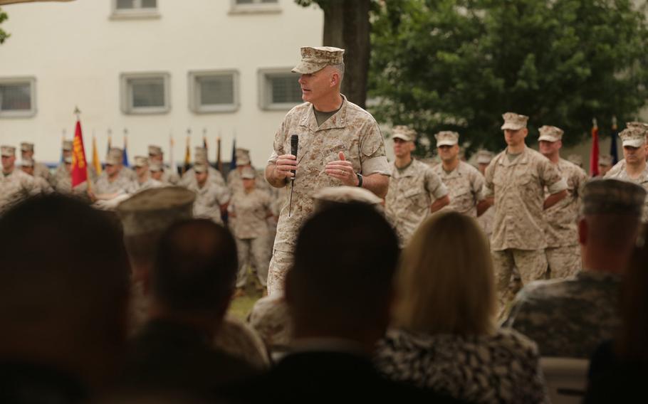 Maj. Gen. Niel E. Nelson speaks at the ceremony in Stuttgart, Germany, where he took command of  U.S. Marine Corps Forces Europe and Africa. Nelson is the first commander of the Marines in Europe and Africa to be based in Germany.