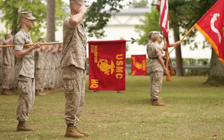 Marines present the colors at the ceremony in Stuttgart, Germany, where Maj. Gen. Niel E. Nelson took charge of U.S. Marine Corps Forces Europe and Africa. Nelson took command from Lt. Gen. Robert B. Neller, who was commanding Marines in Europe from his headquarters for Marine Forces Command in Norfolk, Va., and Maj. Gen. William D. Beydler, who was commanding Marines in Africa from his headquarters at II Marine Expeditionary Force at Camp Lejuene in North Carolina.