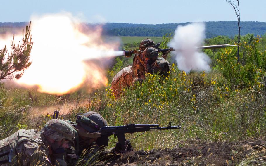 Soldiers with the Ukrainian national guard's 3029th Regiment fire an RPG toward a mock target during a platoon live-fire exercise June 6, 2015, as part of Fearless Guardian in Yavoriv, Ukraine. Paratroopers from the U.S. Army's 173rd Airborne Brigade are in Ukraine for the first of several planned rotations to train Ukraine's newly-formed national guard.