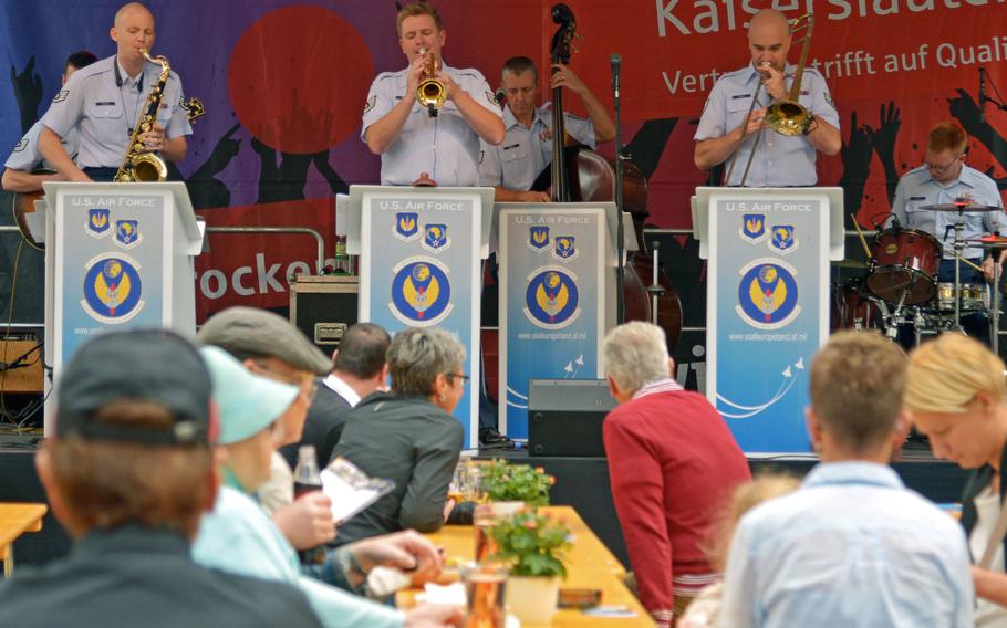 The USAFE Band's Wings of Dixie ensemble entertains listeners during their set at Swinging Lautern in downtown Kaiserslautern, Germany, Friday, Sept. 4, 2015.