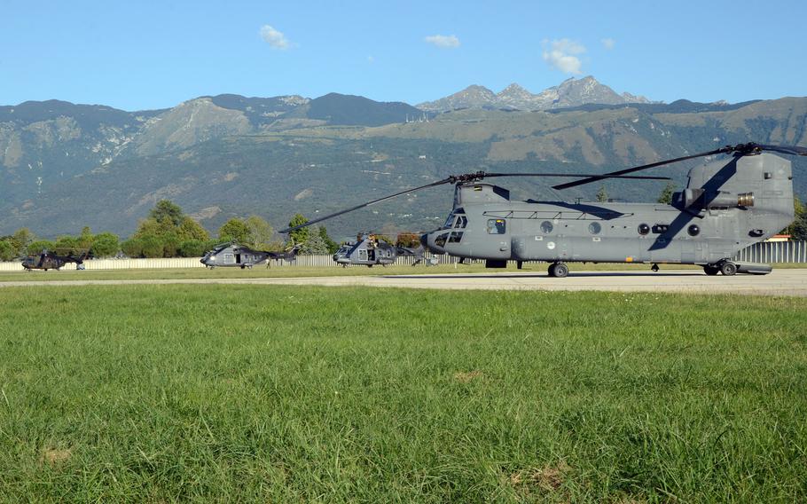Dutch Chinook and Cougar helicopters receive maintenance at Aviano Air Base, Italy, before being used for training sorties Tuesday, Sept. 8, 2015.