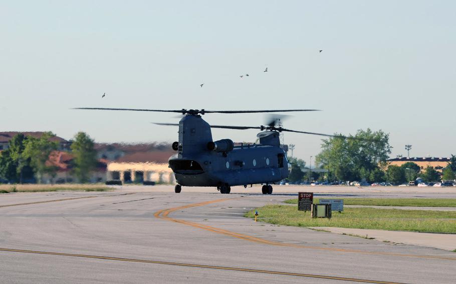A Dutch Chinook helicopter taxis the runway at Aviano Air Base, Italy, before flying a two-hour sortie Tuesday, Sept. 8, 2015.