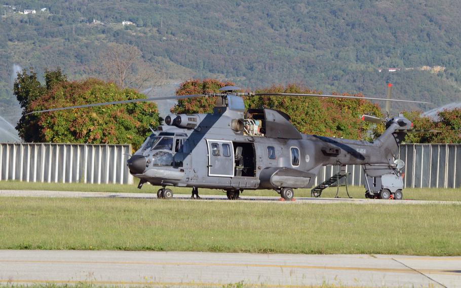 A Dutch Cougar helicopter receives preflight maintenance at Aviano Air Base, Italy, before to being taken on a sortie Tuesday, Sept. 8, 2015.
