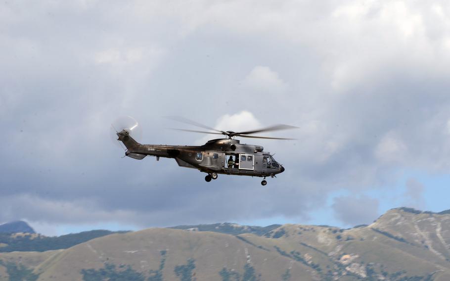 A Dutch Cougar helicopter takes off from Aviano Air Base, Italy, to conduct a two-hour sortie in one of seven mountain training areas near the base Tuesday, Sept. 8, 2015.