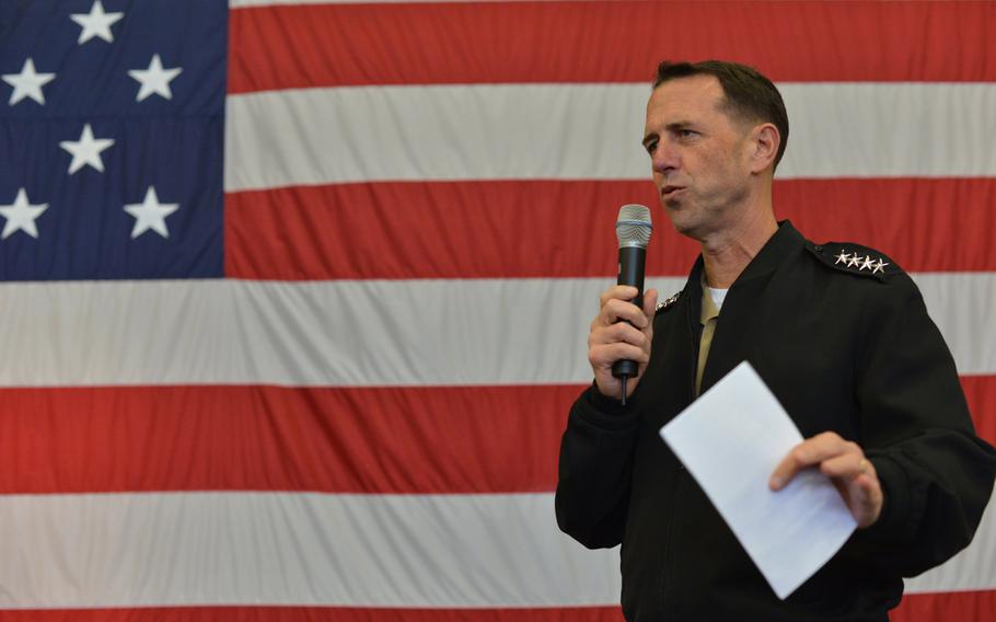 Chief of Naval Operations Adm. John Richardson speaks at U.S. 6th Fleet headquarters in Naples, Italy, on Tuesday, Oct. 20, 2015.