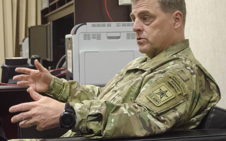 Gen. Mark Milley, chief of staff of the Army, speaks to reporters at U.S. Army Europe headquarters in Wiesbaden, Germany, Tuesday, Oct. 27, 2015. Milley signaled that an era of steadily drawing down in Europe should be halted.