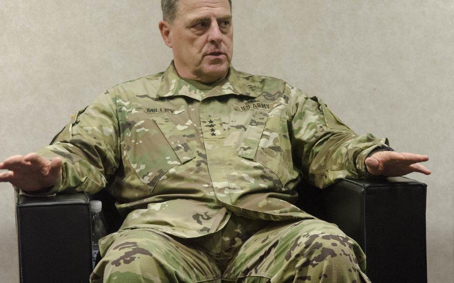 Gen. Mark Milley, chief of staff of the Army, speaks to reporters at U.S. Army Europe headquarters in Wiesbaden, Germany, Tuesday, Oct. 27, 2015. Milley, who took over the top Army post in August, was in Germany Oct. 26-28 to attend the Conference of European Armies before heading to Ukraine to observe U.S. troops train with Ukrainian forces.