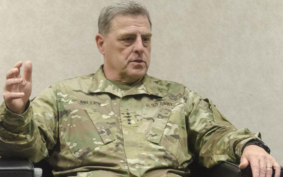 Gen. Mark Milley, chief of staff of the Army, speaks to reporters at U.S. Army Europe headquarters in Wiesbaden, Germany, Tuesday, Oct. 27, 2015. Milley, who took over the top Army post in August, was in Germany Oct. 26-28 to attend the Conference of European Armies before heading to Ukraine to observe U.S. troops train with Ukrainian forces.