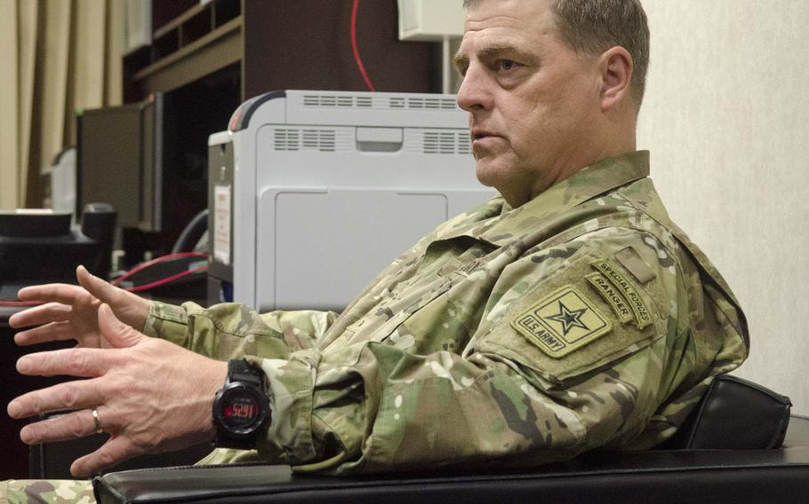 Gen. Mark Milley, chief of staff of the Army, speaks to reporters at U.S. Army Europe headquarters in Wiesbaden, Germany, Tuesday, Oct. 27, 2015. Milley, who took over the top Army post in August, was in Germany Oct. 26-28 to attend the Conference of European Armies before heading to Ukraine to observe U.S. troops train with Ukrainian forces.