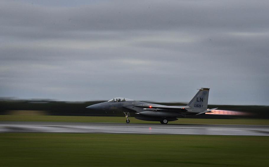An F-15C Eagle departs RAF Lakenheath, England, to support the combat air patrol mission in Turkey on Nov. 6, 2015. Six F-15Cs from the 48th Fighter Wing deployed to Incirlik in response to a request by the Turkish government.

Courtesy U.S. Air Force.