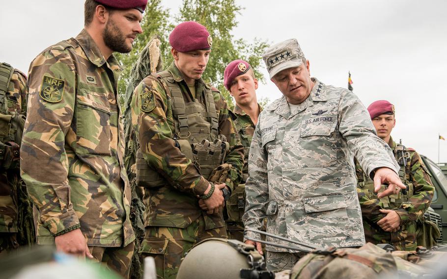Supreme Allied Commander Europe Air Force Gen. Philip Breedlove talks to members of the NATO Response Force during a visit to the Noble Jump exercise in Zagan, Poland, June 18, 2015.