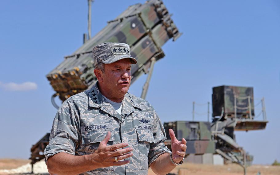 Supreme Allied Commander Europe Air Force Gen. Philip Breedlove talks to the media after visiting a Patriot missile battery of the 5th Battalion, 7th Air Defense Artillery Regiment, in Gaziantep, Turkey, Thursday, July 31, 2014.