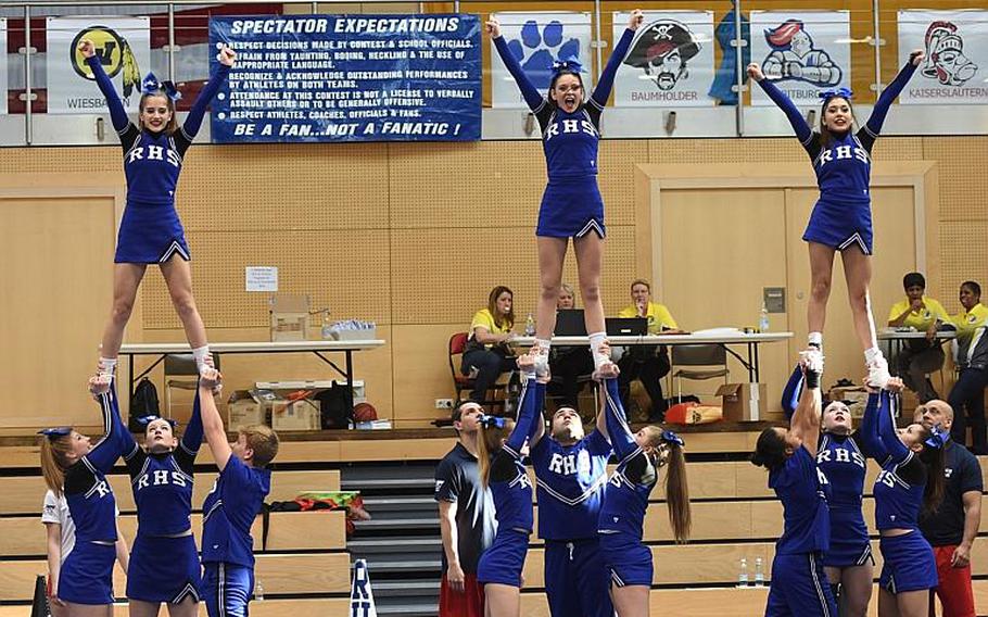 Members of the Rota cheer squad perform during the 2017 DODEA-Europe cheerleading competition on Saturday, Feb. 25, 2017, in Wiesbaden, Germany. Rota took first place in the Division II category and earned a Spirit Award.