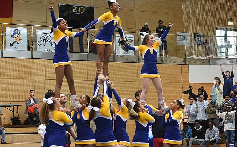 Members of the Wiesbaden cheer squad perform during the 2017 DODEA-Europe cheerleading competition on Saturday, Feb. 25, 2017, in Wiesbaden, Germany. Wiesbaden took first place in Division I.