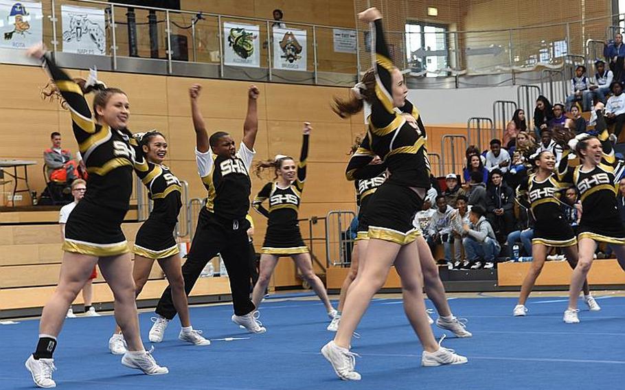 Members of the Stuttgart cheer squad perform during the 2017 DODEA-Europe cheerleading competition on Saturday, Feb. 25, 2017, in Wiesbaden, Germany. Stuttgart took second place in the Division I category.