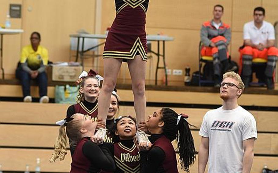 Members of the Vilseck cheer squad perform a routine during the 2017 DODEA-Europe cheerleading competition on Saturday, Feb. 25, 2017, in Wiesbaden, Germany.