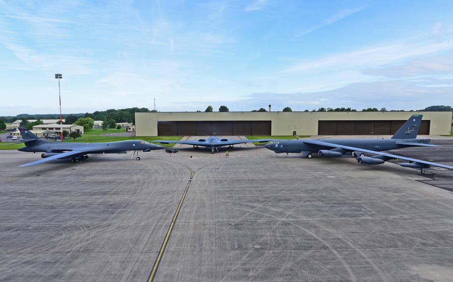 A B-1B Lancer, B-2 Spirit and B-52 Stratofortress are parked on the ramp at RAF Fairford, U.K., June 12, 2017. This marks the first time in history that all three of Air Force Global Strike Command's strategic bomber aircraft are simultaneously in the European theater.