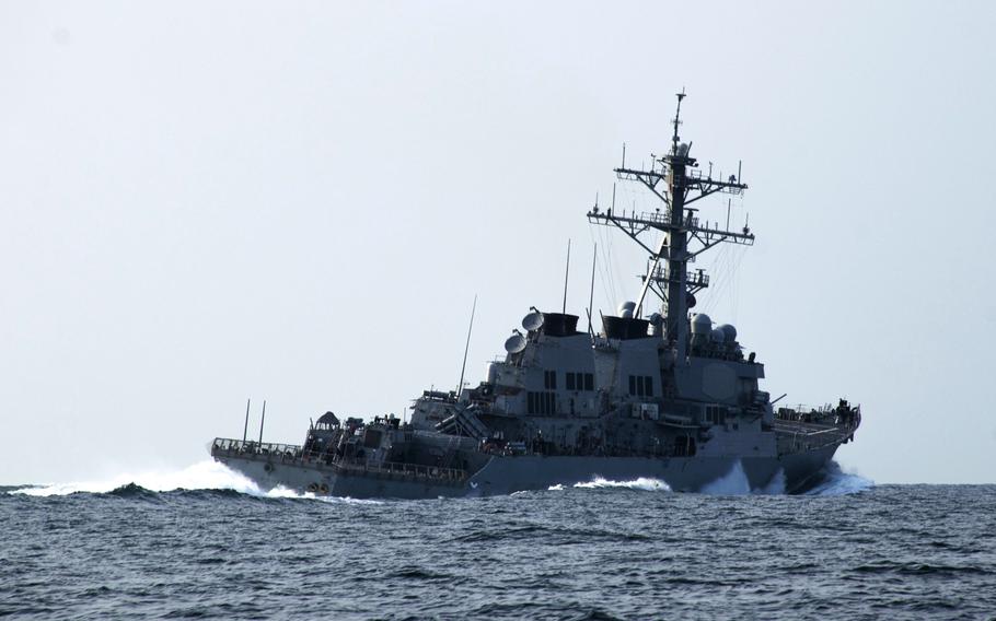 USS Porter performs evasive maneuvers during a simulated small boat attack during a Passing Exercise with the Georgian Coast Guard in the Black Sea Oct. 23, 2015. 