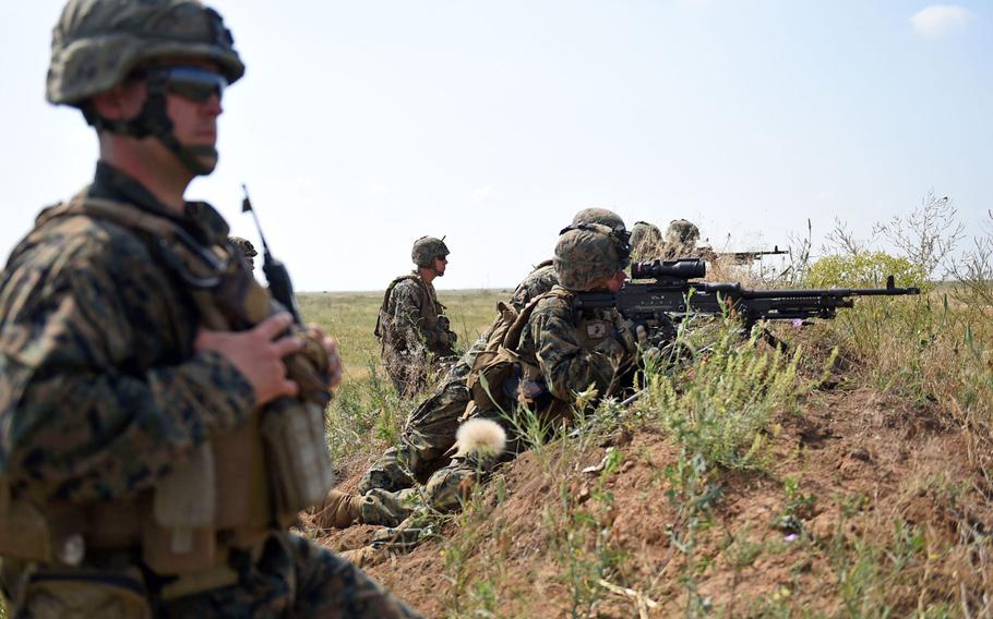 A group of U.S. Marines with the 2nd Battalion, 25th Marine Regiment, engages targets while training with Ukrainian marines during the Sea Breeze exercise near Mykolaiv, Ukraine, in 2018. 