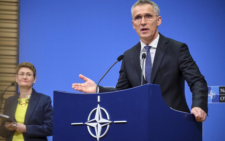 NATO Secretary-General Jens Stoltenberg talks to the media at the alliance's headquarters in Brussels, Belgium, Monday, April 1, 2019, ahead of the meeting of NATO foreign ministers in Washington that begins Wednesday.