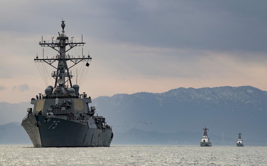 The guided-missile destroyer USS Donald Cook sails alongside Georgian coast guard ships in the Black Sea, Jan. 25, 2019.  NATO Secretary-General Jens Stoltenberg said the alliance has stepped up its presence in the Black Sea and would continue to work closely with partners in the region.