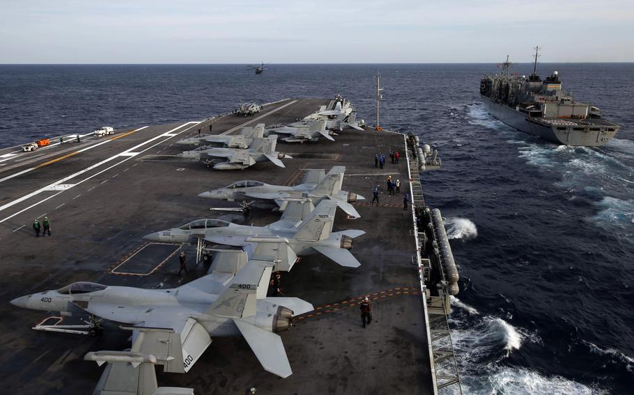 The USS Abraham Lincoln approaches the fast combat support ship USNS Arctic for a replenishment-at-sea, April 4, 2019. Abraham Lincoln is underway as part of the Abraham Lincoln Carrier Strike Group deployment in the U.S. 5th, 6th and 7th Fleet areas of responsibility.