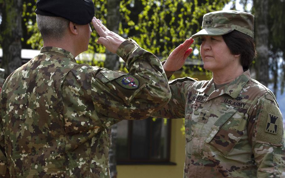 Romanian Maj. Gen. Gheorghe Vlad and U.S. Army Maj. Gen. Schanley, commander of the 416th Theater Engineer Command, salute one another during the opening ceremony of Resolute Castle 2019 at Cincu Joint National Training Center, Romania, April 24, 2019. National Guard units from across the U.S. this week began the long process of building up Polish and Romanian training facilities in Cincu and the Drawsko Pomorskie and Zagan Training Areas in Poland as part of the exercise.