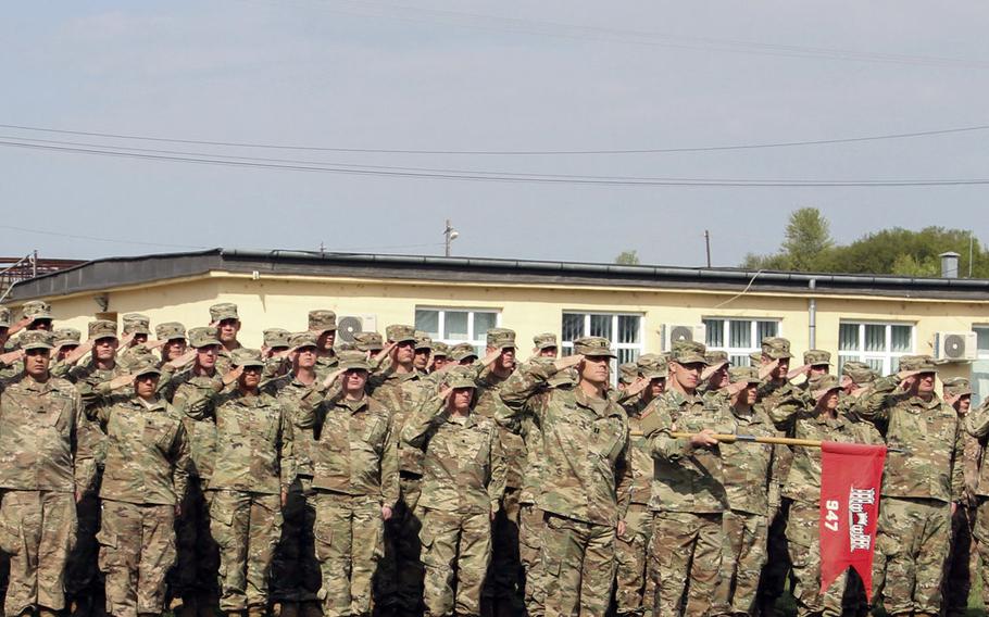 U.S. Army engineers from the 947th Engineer Company, out of Montrose, Colo., present arms during the opening ceremony of Resolute Castle 2019 at Cincu Joint National Training Center, Romania, April 24, 2019. National Guard units from across the U.S. this week began the long process of building up Polish and Romanian training facilities in Cincu and the Drawsko Pomorskie and Zagan Training Areas in Poland as part of the exercise.