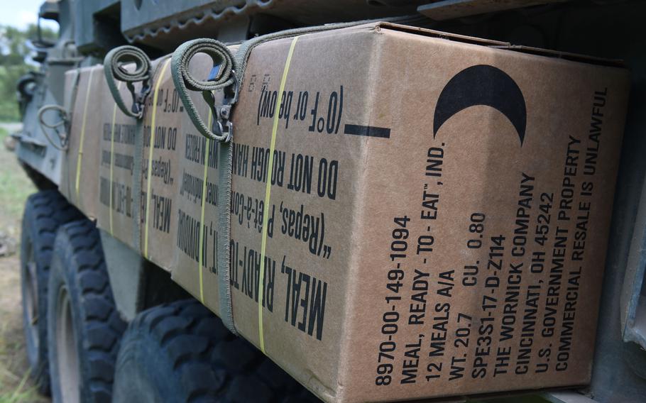 Meals Ready to Eat strapped to a Stryker vehicle are ready for the 2nd Cavalry Regiment during Exercise Saber Guardian in Cincu, Romania, Monday, June 17, 2019.