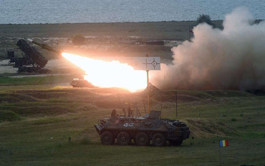 A Romanian SA-6 missile launcher being fired in Capu Midia, Romania, on Thursday, June 20, 2019.