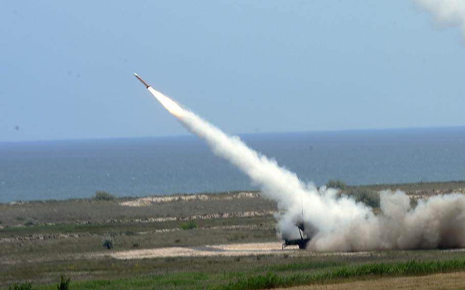 A Patriot missile being fired for the first time in continental Europe, by the 10th Army Air Missile Defense Command, in Capu Midia, Romania, on Thursday, June 20, 2019.